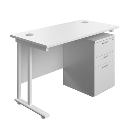 Twin Upright Rectangular Desk + High Mobile Pedestal 3 Drawer (FSC) | 1200X600 | White/White