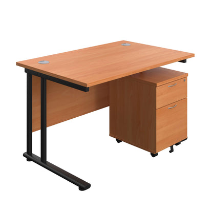 Twin Upright Rectangular Desk + Mobile 2 Drawer Pedestal (FSC) | 1200X800 | Beech/Black