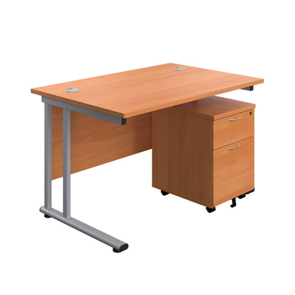 Twin Upright Rectangular Desk + Mobile 2 Drawer Pedestal (FSC) | 1200X800 | Beech/Silver