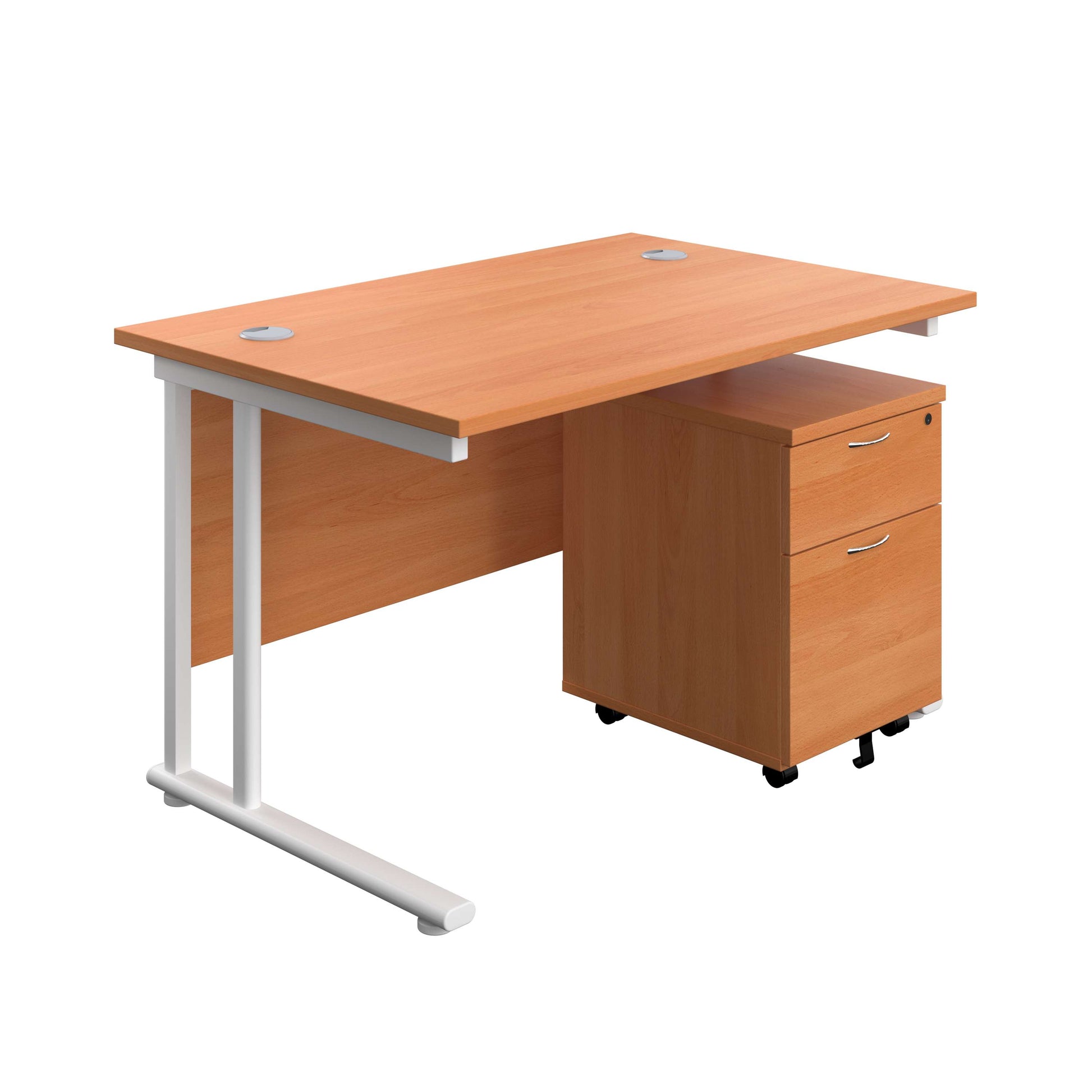 Twin Upright Rectangular Desk + Mobile 2 Drawer Pedestal (FSC) | 1200X800 | Beech/White