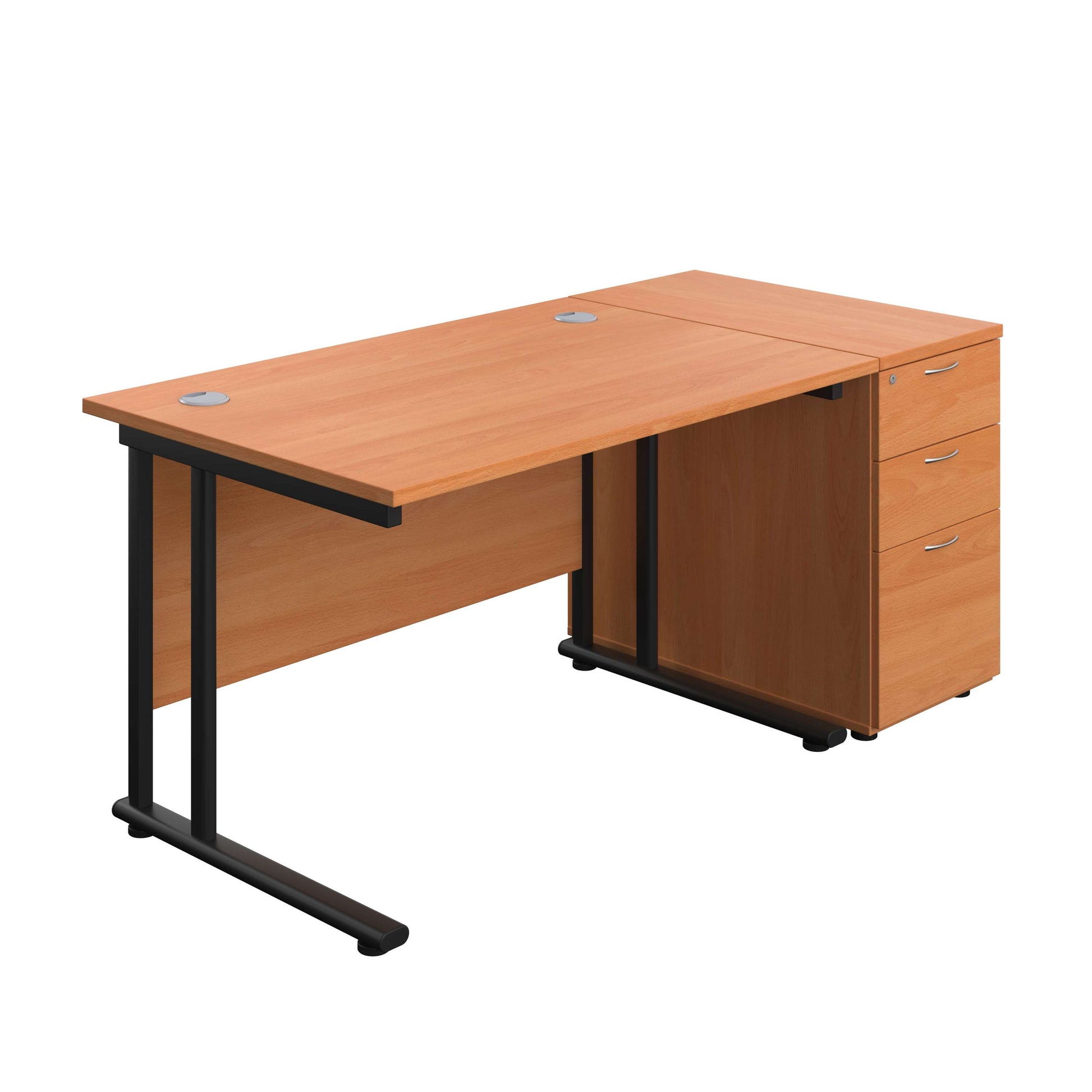 Twin Upright Rectangular Desk + Desk High 3 Drawer Pedestal (FSC) | 1200X800 | Beech/Black