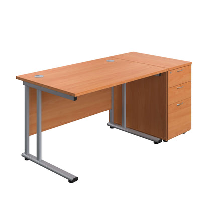 Twin Upright Rectangular Desk + Desk High 3 Drawer Pedestal (FSC) | 1200X800 | Beech/Silver