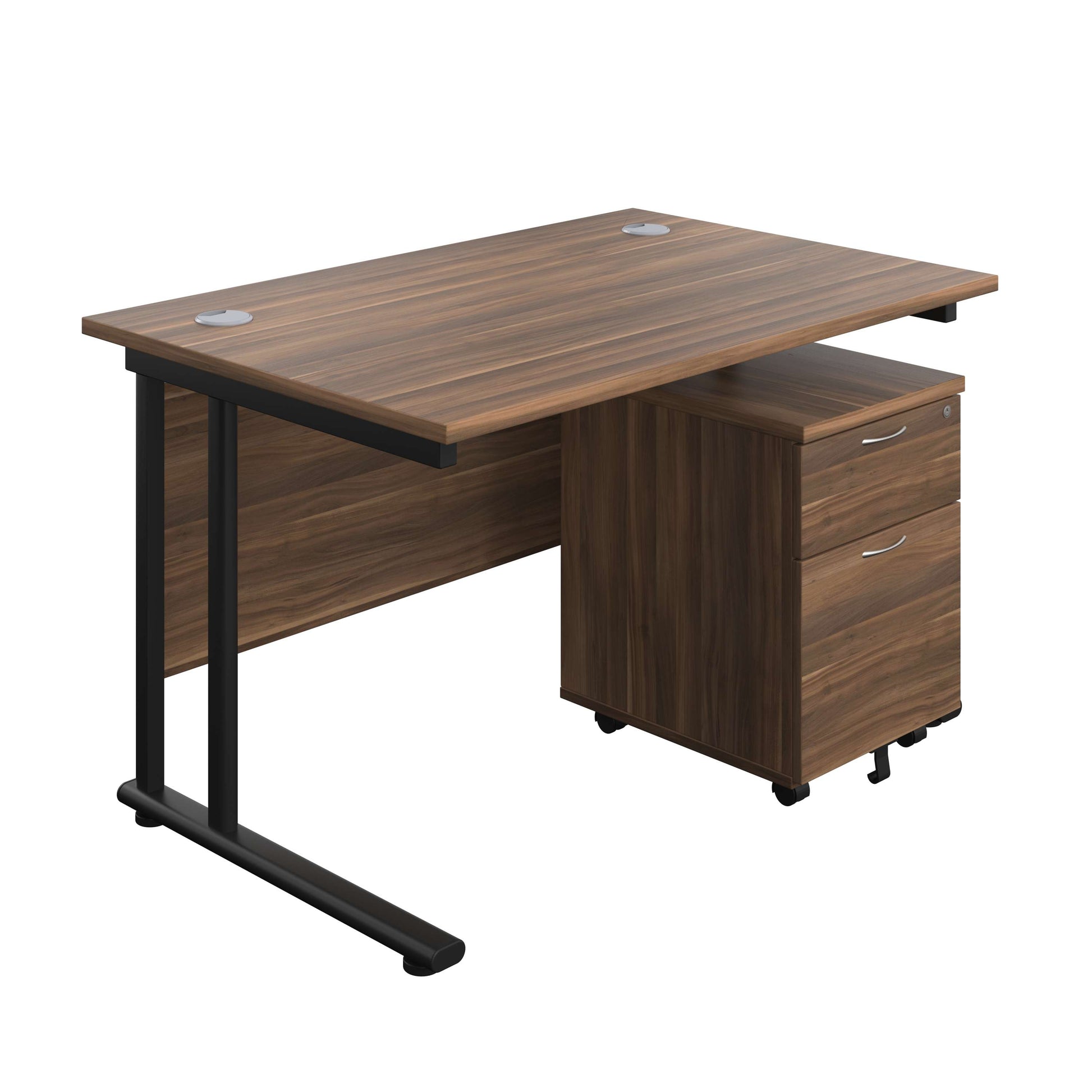 Twin Upright Rectangular Desk + Mobile 2 Drawer Pedestal (FSC) | 1200X800 | Dark Walnut/Black