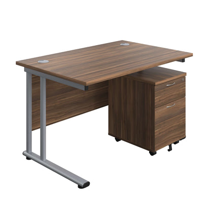 Twin Upright Rectangular Desk + Mobile 2 Drawer Pedestal (FSC) | 1200X800 | Dark Walnut/Silver