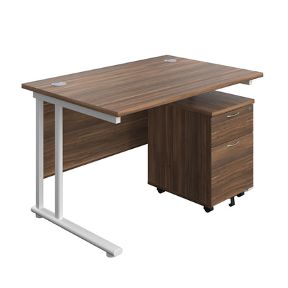 Twin Upright Rectangular Desk + Mobile 2 Drawer Pedestal (FSC) | 1200X800 | Dark Walnut/White