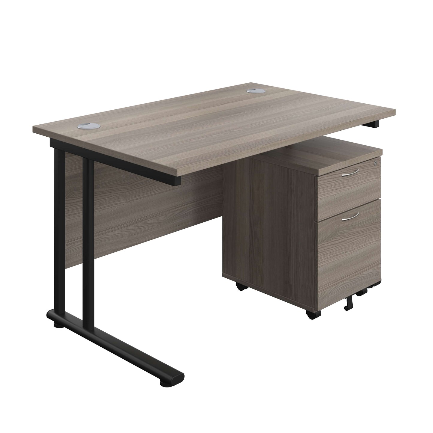 Twin Upright Rectangular Desk + Mobile 2 Drawer Pedestal (FSC) | 1200X800 | Grey Oak/Black