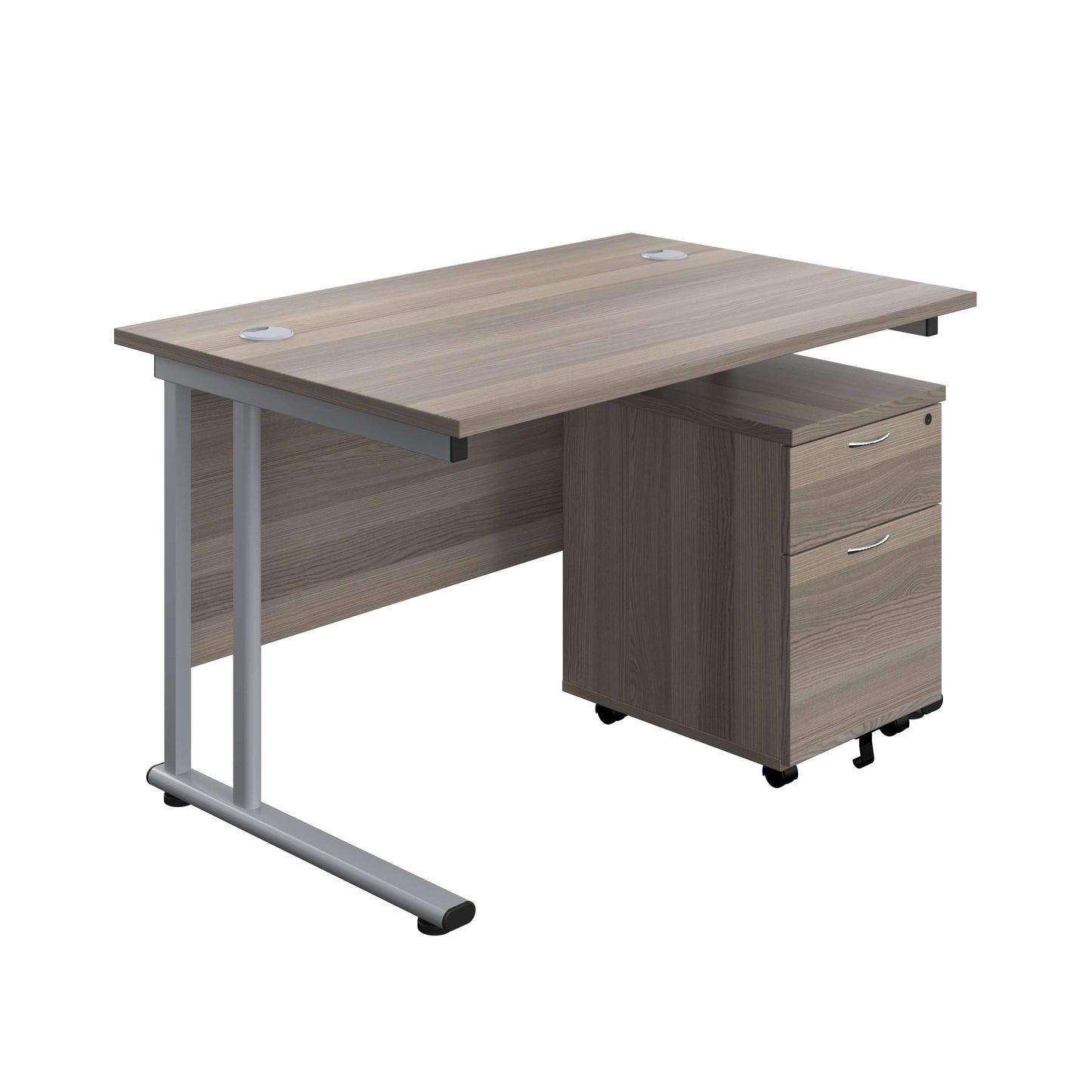 Twin Upright Rectangular Desk + Mobile 2 Drawer Pedestal (FSC) | 1200X800 | Grey Oak/Silver