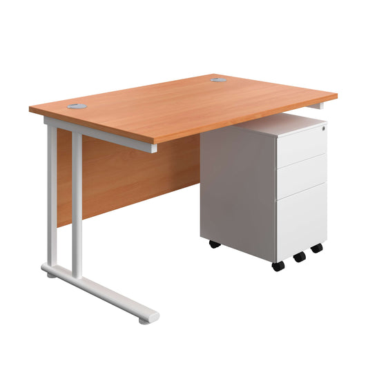 Twin Upright Rectangular Desk + Under Desk Steel Pedestal 3 Drawers (FSC) | 1200X800 | Beech/White