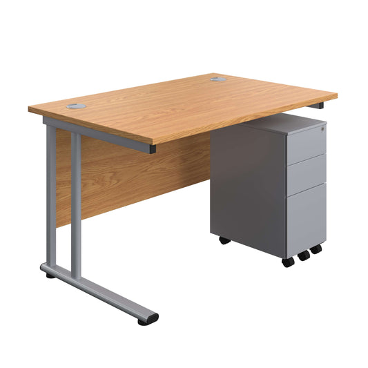 Twin Upright Rectangular Desk + Slimline Steel Pedestal 3 Drawers (FSC) | 1200X800 | Nova Oak/Silver