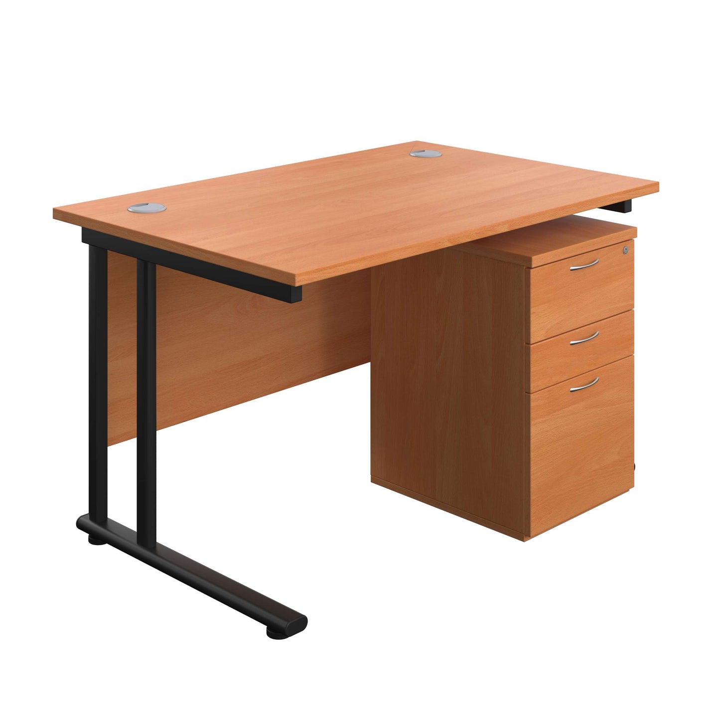 Twin Upright Rectangular Desk + High Mobile Pedestal 3 Drawer (FSC) | 1200X800 | Beech/Black