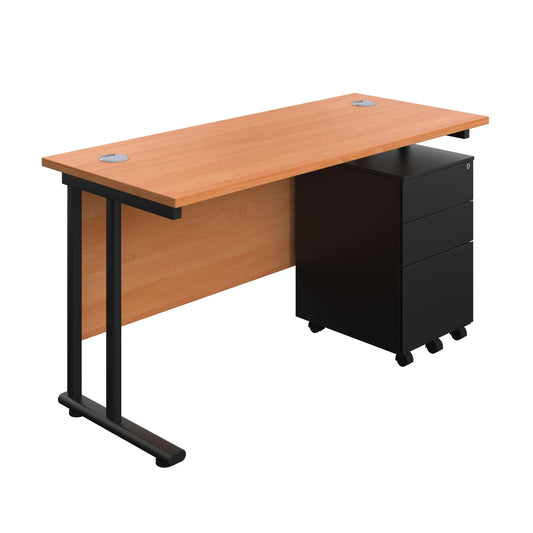 Twin Upright Rectangular Desk + Under Desk Steel Pedestal 3 Drawers (FSC) | 1400X600 | Beech/Black