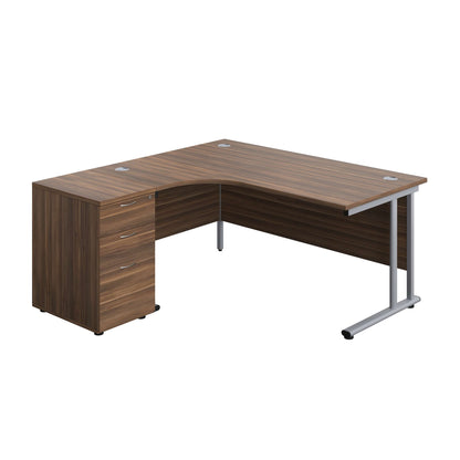 Twin Upright Left Hand Radial Desk + Desk High 3 Drawer Pedestal (FSC) | 1600X1200 | 600mm Deep Pedestal | Dark Walnut/Silver