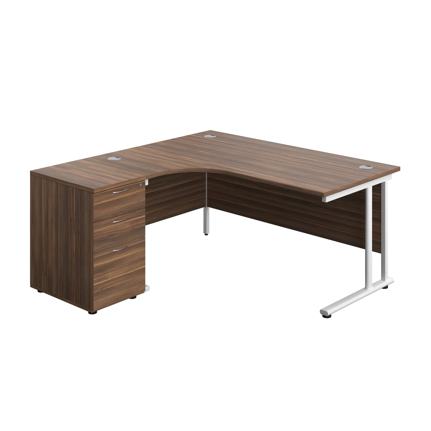 Twin Upright Left Hand Radial Desk + Desk High 3 Drawer Pedestal (FSC) | 1600X1200 | 600mm Deep Pedestal | Dark Walnut/White