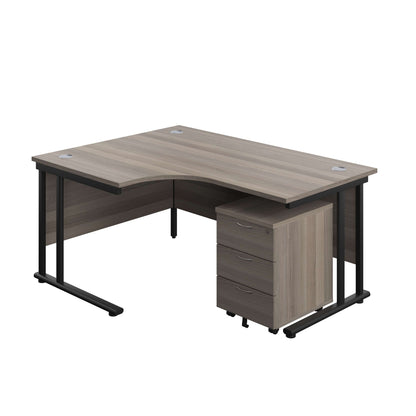 Twin Upright Left Hand Radial Desk + Mobile 3 Drawer Pedestal (FSC) | 1600X1200 | Grey Oak/Black