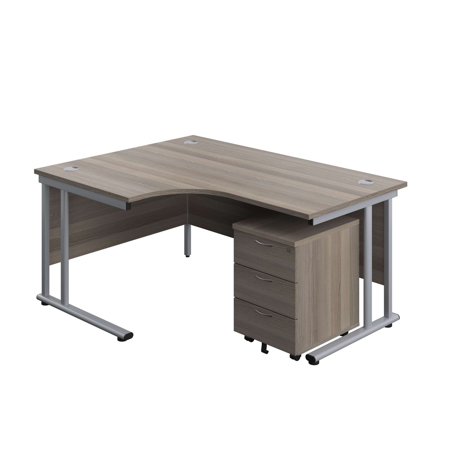 Twin Upright Left Hand Radial Desk + Mobile 3 Drawer Pedestal (FSC) | 1600X1200 | Grey Oak/Silver