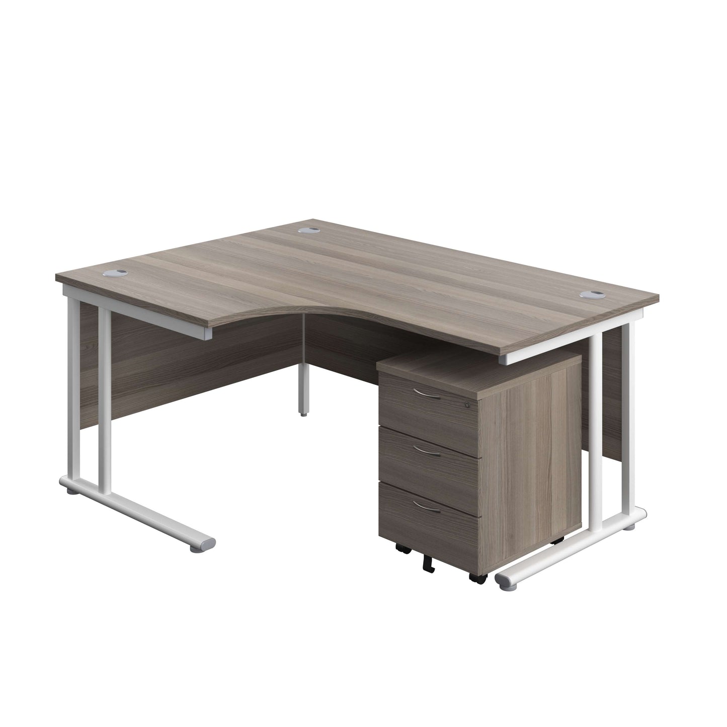 Twin Upright Left Hand Radial Desk + Mobile 3 Drawer Pedestal (FSC) | 1600X1200 | Grey Oak/White