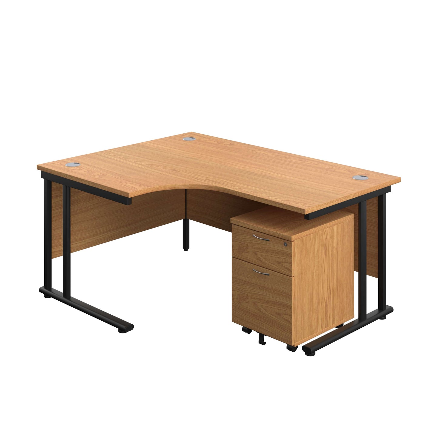 Twin Upright Left Hand Radial Desk + Mobile 2 Drawer Pedestal (FSC) | 1600X1200 | Nova Oak/Black