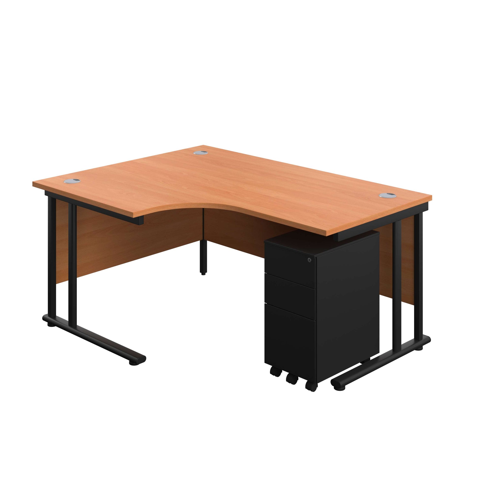 Twin Upright Left Hand Radial Desk + Slimline Steel Pedestal 3 Drawers (FSC) | 1600X1200 | Beech/Black