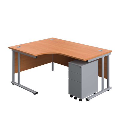 Twin Upright Left Hand Radial Desk + Slimline Steel Pedestal 3 Drawers (FSC) | 1600X1200 | Beech/Silver