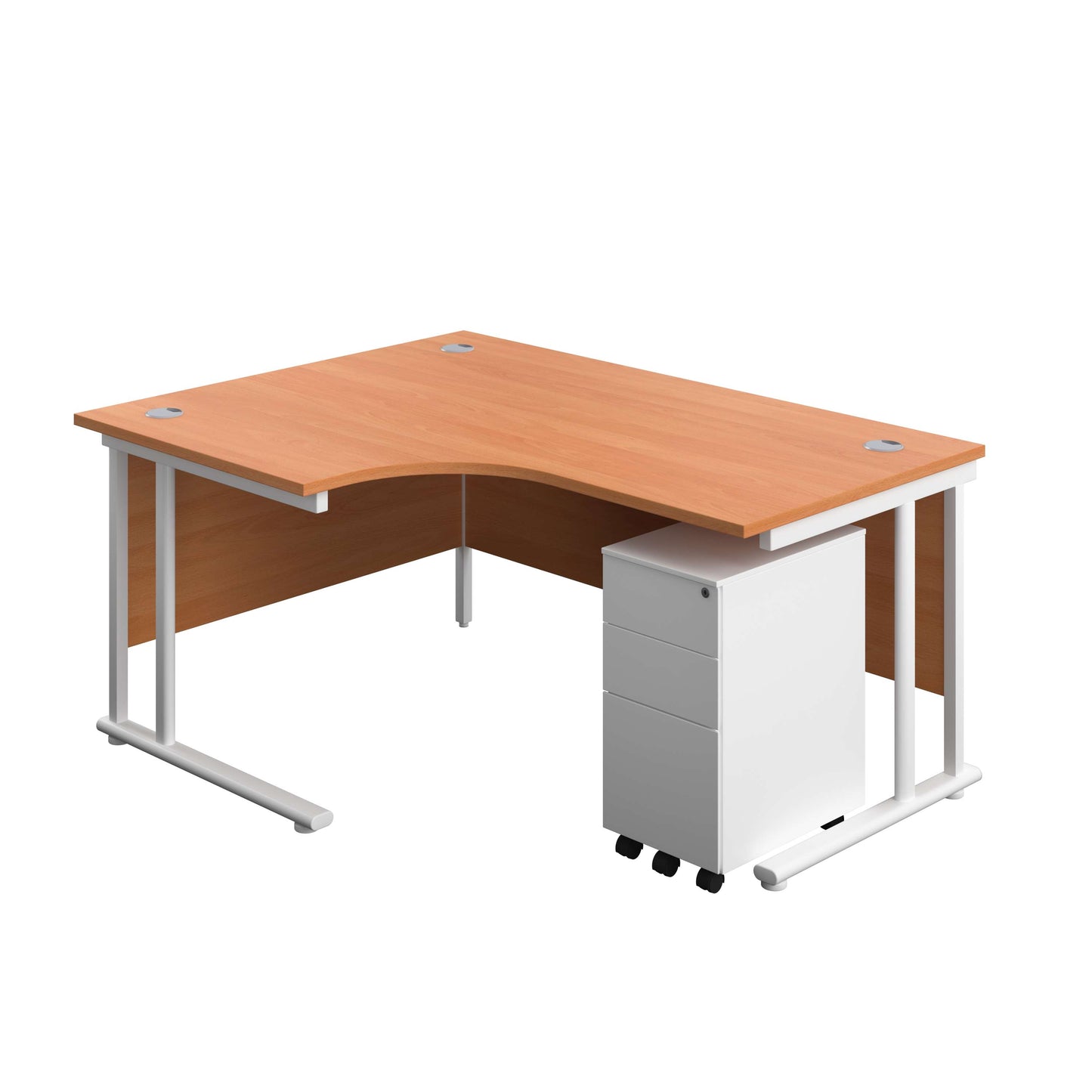 Twin Upright Left Hand Radial Desk + Slimline Steel Pedestal 3 Drawers (FSC) | 1600X1200 | Beech/White