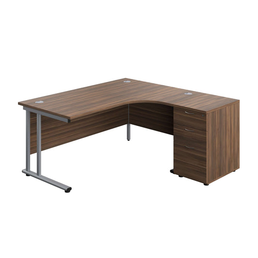 Twin Upright Right Hand Radial Desk + Desk High 3 Drawer Pedestal (FSC) | 1600X1200 | 600mm Deep Pedestal | Dark Walnut/Silver