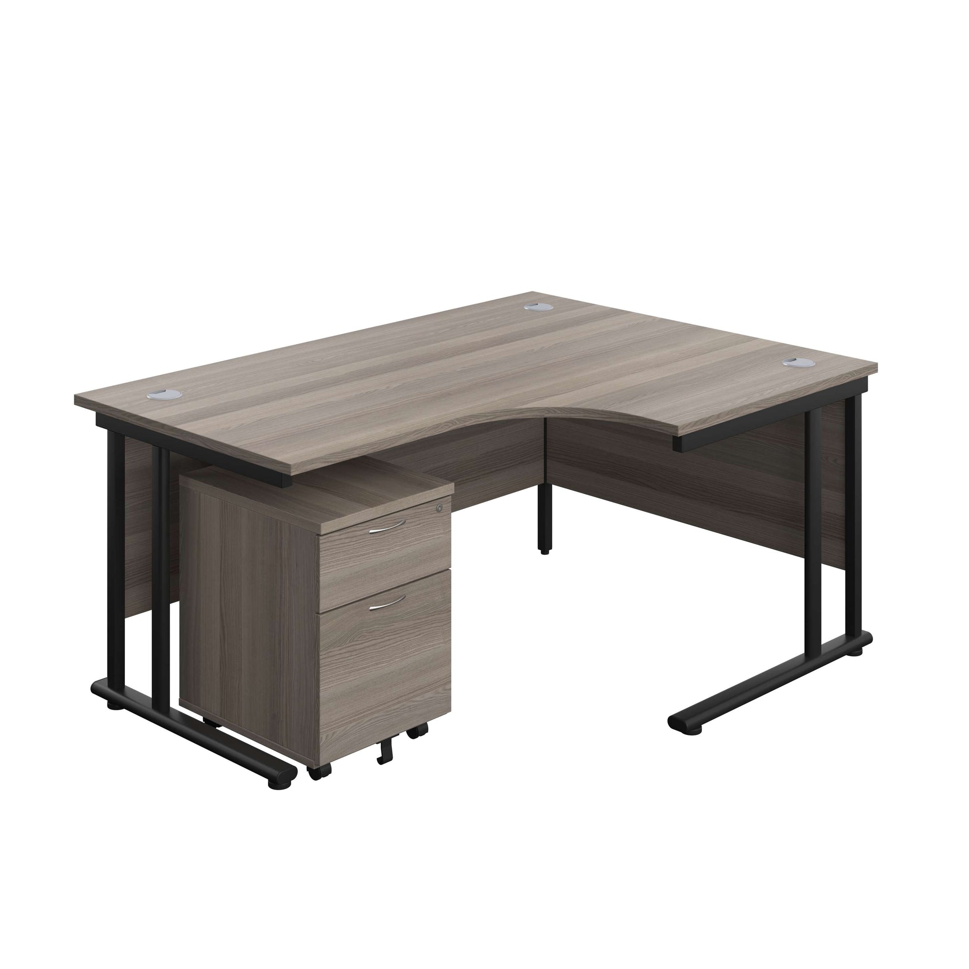 Twin Upright Right Hand Radial Desk + Mobile 2 Drawer Pedestal (FSC) | 1600X1200 | Grey Oak/Black