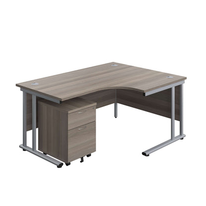 Twin Upright Right Hand Radial Desk + Mobile 2 Drawer Pedestal (FSC) | 1600X1200 | Grey Oak/Silver