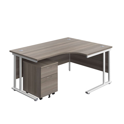 Twin Upright Right Hand Radial Desk + Mobile 2 Drawer Pedestal (FSC) | 1600X1200 | Grey Oak/White