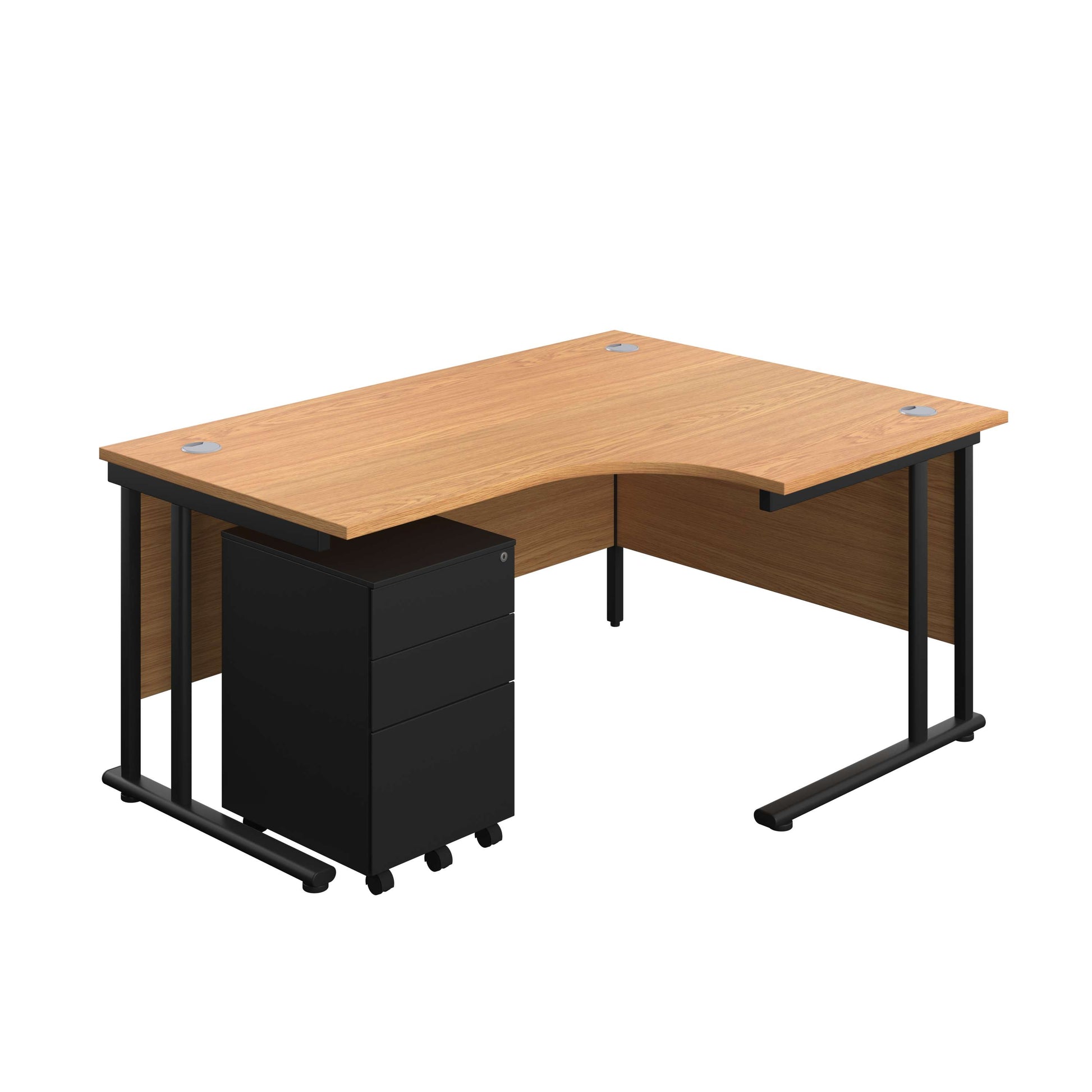 Twin Upright Right Hand Radial Desk + Under Desk Steel Pedestal 3 Drawers (FSC) | 1600X1200 | Nova Oak/Black