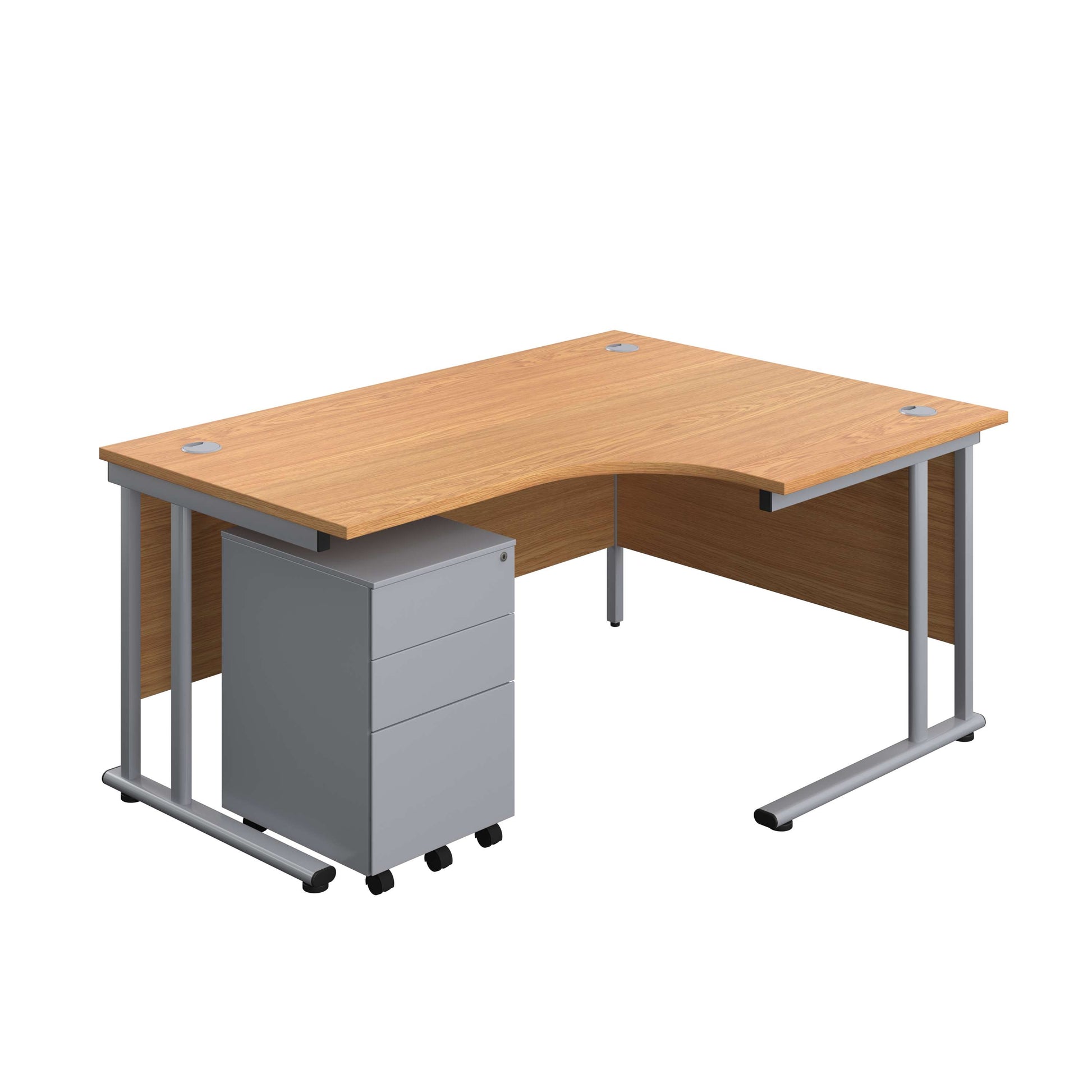 Twin Upright Right Hand Radial Desk + Under Desk Steel Pedestal 3 Drawers (FSC) | 1600X1200 | Nova Oak/Silver