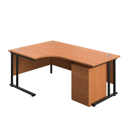 Twin Upright Left Hand Radial Desk + High Mobile Pedestal 3 Drawer (FSC) | 1800X1200 | Beech/Black