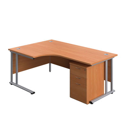 Twin Upright Left Hand Radial Desk + High Mobile Pedestal 3 Drawer (FSC) | 1800X1200 | Beech/Silver