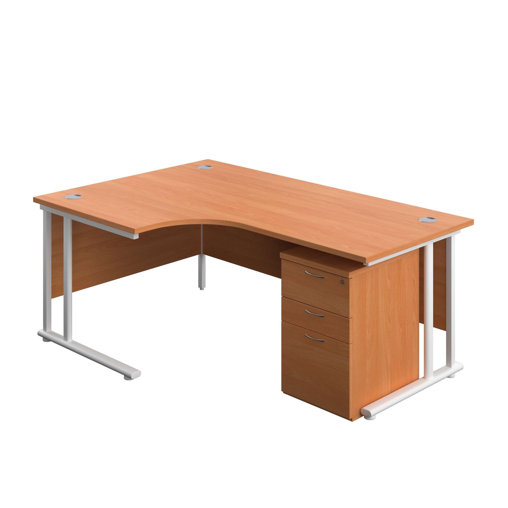 Twin Upright Left Hand Radial Desk + High Mobile Pedestal 3 Drawer (FSC) | 1800X1200 | Beech/White