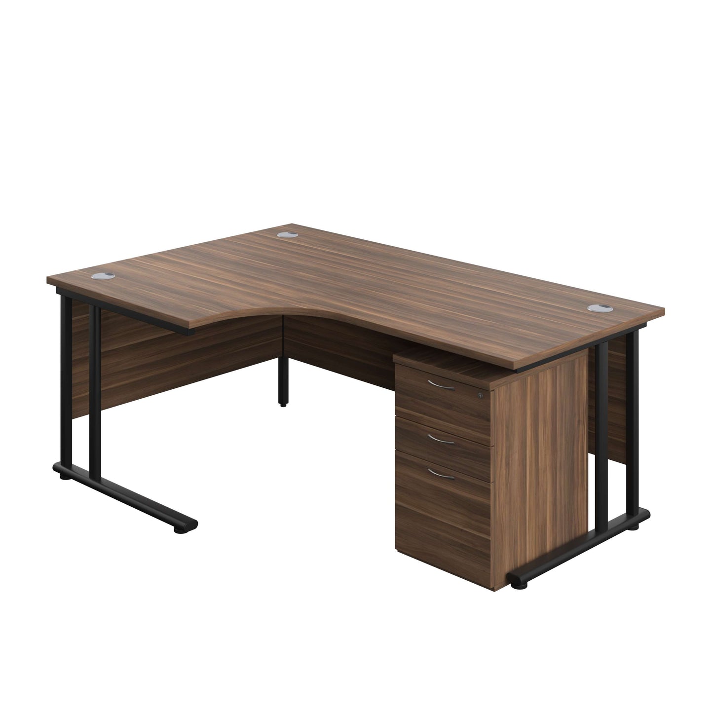 Twin Upright Left Hand Radial Desk + High Mobile Pedestal 3 Drawer (FSC) | 1800X1200 | Dark Walnut/Black