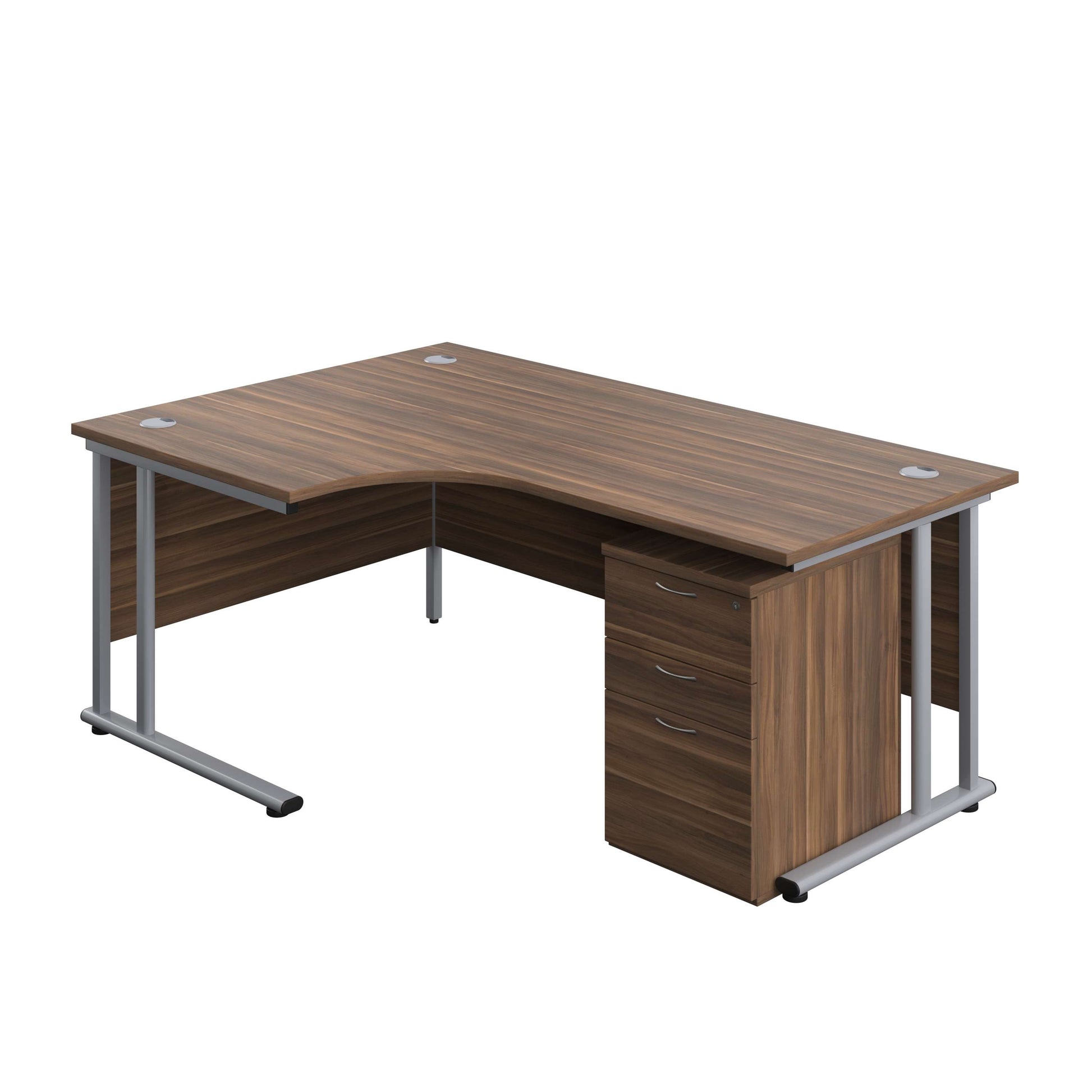 Twin Upright Left Hand Radial Desk + High Mobile Pedestal 3 Drawer (FSC) | 1800X1200 | Dark Walnut/Silver