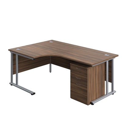 Twin Upright Left Hand Radial Desk + High Mobile Pedestal 3 Drawer (FSC) | 1800X1200 | Dark Walnut/Silver