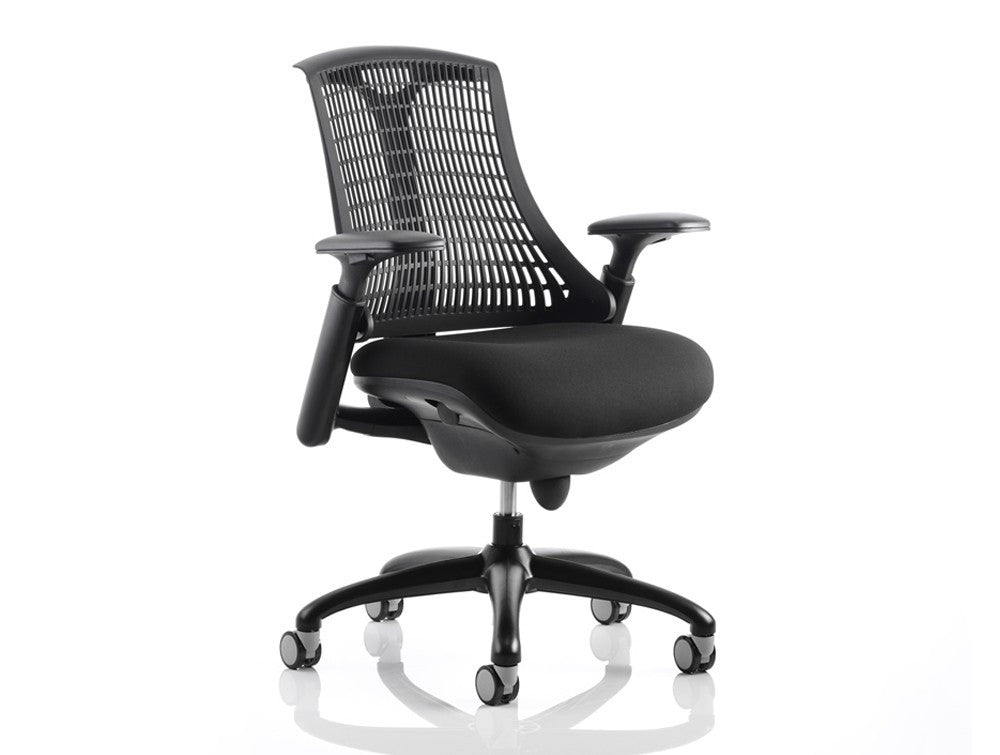 Flex Task Chair With Arms, Black Fabric Seat, White or Black Frame and a Flexible Back with 7 Colour Options