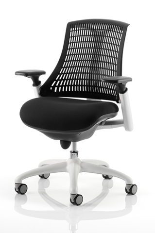 Flex Task Chair With Arms, Black Fabric Seat, White or Black Frame and a Flexible Back with 7 Colour Options